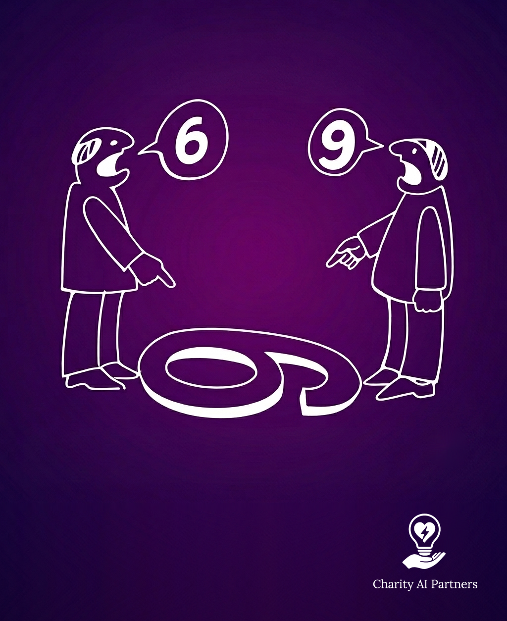 Two people standing either side of a number on the floor. One reads it as a 6, the other as a 9.
